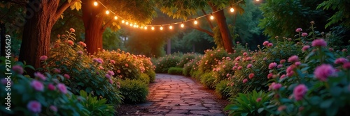 Warm evening glow illuminates a lush garden path, string lights twinkling amidst blooming flowers and verdant foliage, creating a magical outdoor ambiance , night scene, night