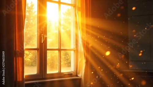 Warm sunlight streams through a bright windowpane, illuminating dust motes dancing in the golden rays Perfect for backgrounds, home decor, or peaceful imagery , joyful, shadow