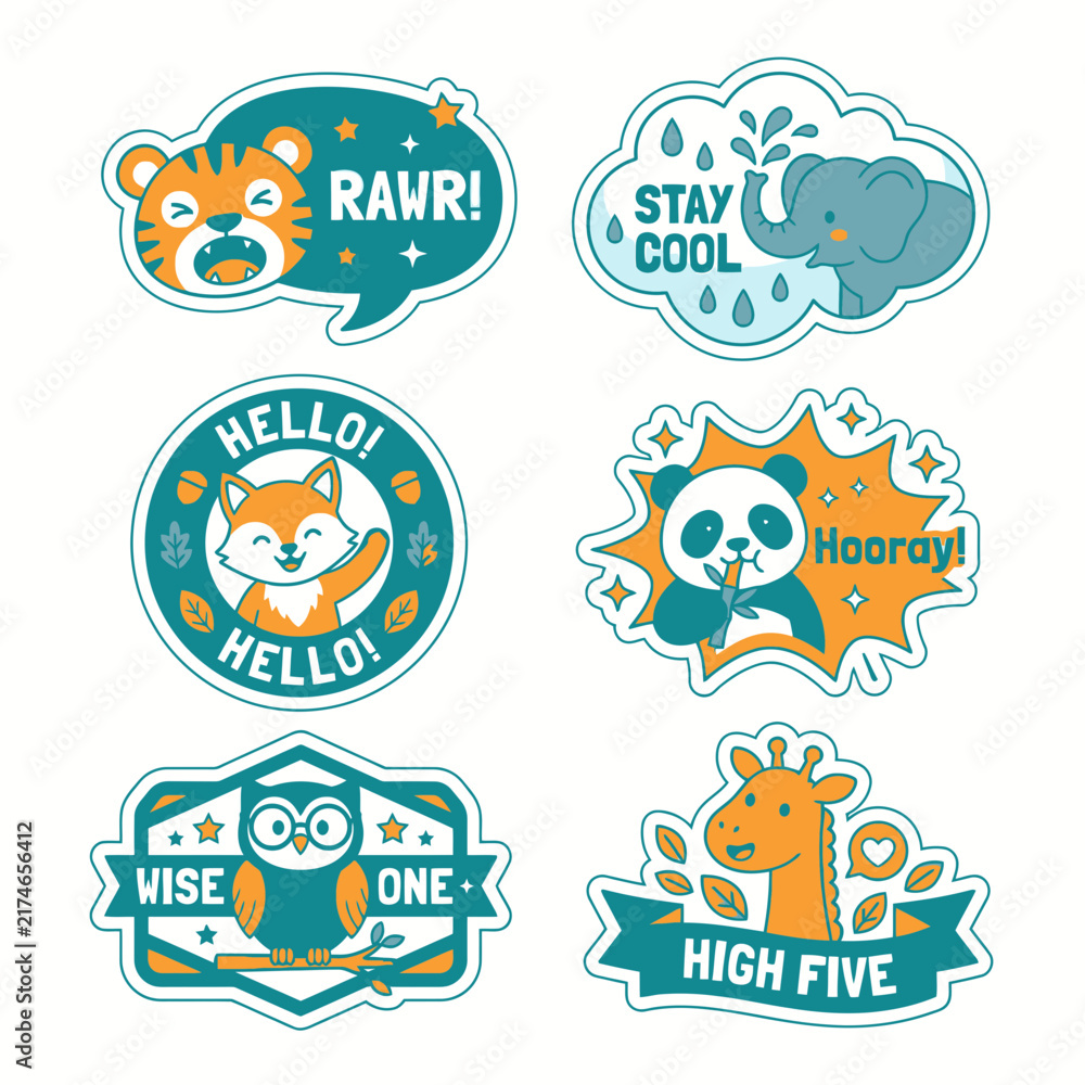 Fototapeta premium Set of cute animal cartoon stickers for kids