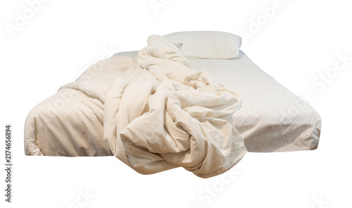 Fotografie White mattress with white untidy or messy bedclothes isolated with clipping path