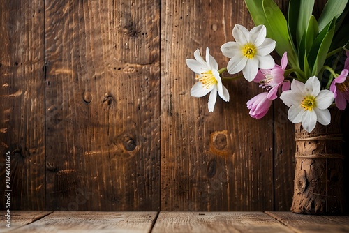 Spring Blooming Flowers on Rustic Wooden Background with Fresh Natural Floral Art and Seasonal Beauty