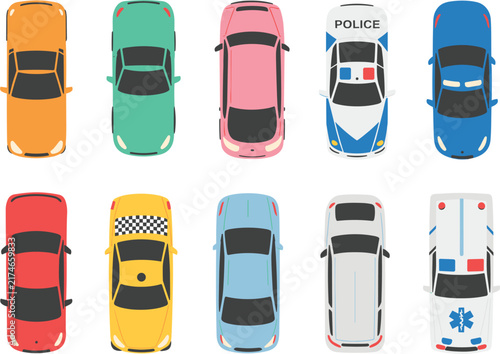 Top view car vector illustration set featuring diverse vehicles including police, taxi, and ambulance