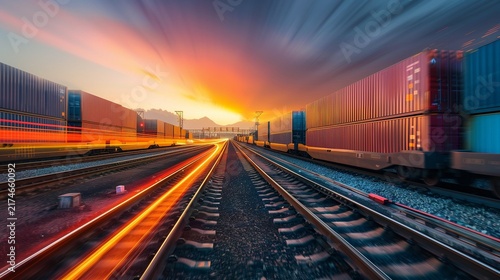 Container train crossing urban landscape with soft glow.