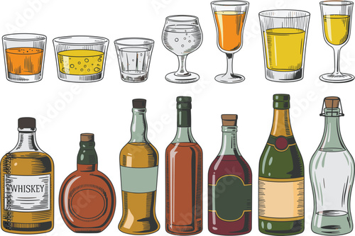 Set of hand drawn alcoholic beverages, various glasses, whiskey, wine, and beer bottles vector illustration