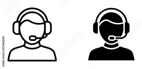 Customer Support Icons, Operator Headset Symbols, Communication Service Graphics, Vector Illustrations for Call Center and Assistance