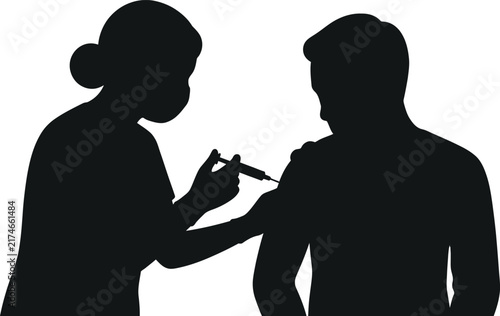 Vector silhouette of medical professional administering injection to patient arm showing healthcare treatment icon isolated on white