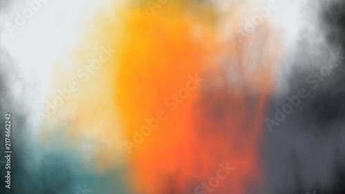 Abstract vibrant colorful smoke burst texture with orange, yellow, cyan, and black cloud effect on dark background for creative artistic overlay.