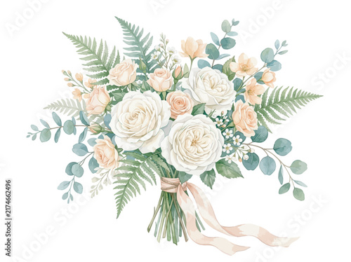 Watercolor floral bouquet with large white roses, pale peach blossoms, soft green fern leaves and eucalyptus foliage, graceful romantic arrangement, isolated on clean white background