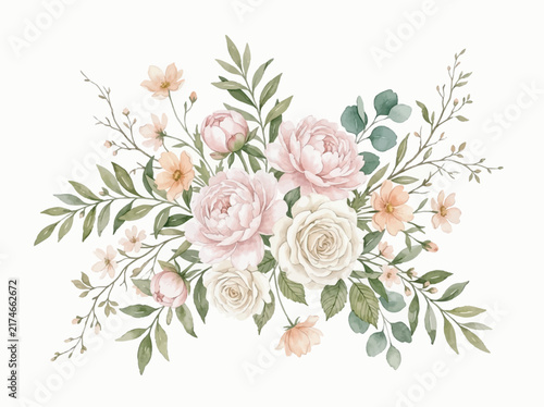 Romantic Watercolor Floral Cluster with Peonies and Eucalyptus Foliage