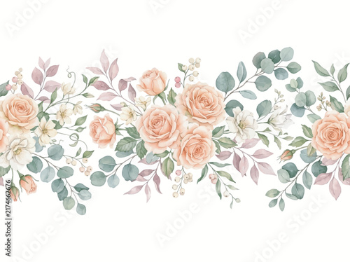 Elegant Watercolor Floral Border with Peach Roses and Botanical Foliage