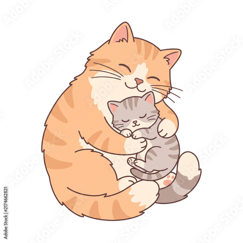 Mother Cat Hugging Kitten Flat Vector Illustration