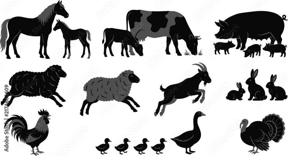 Fototapeta premium Farm Animals and Their Babies Black Silhouette Vector Set with Horse and Foal, Cow and Calf, Pig and Piglets, Sheep, Goat, and Ducklings