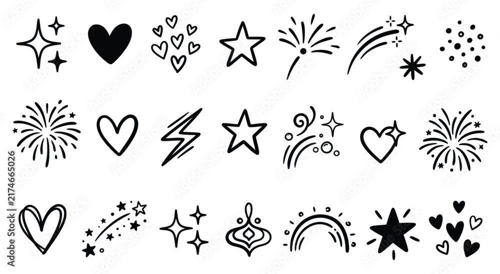 Fototapeta premium Twinkle star vector glitter bright magic light icon. Star twinkle glitter spark outline shine icon set. Hand drawn sketch doodle style. Magic light pictogram vector illustration.