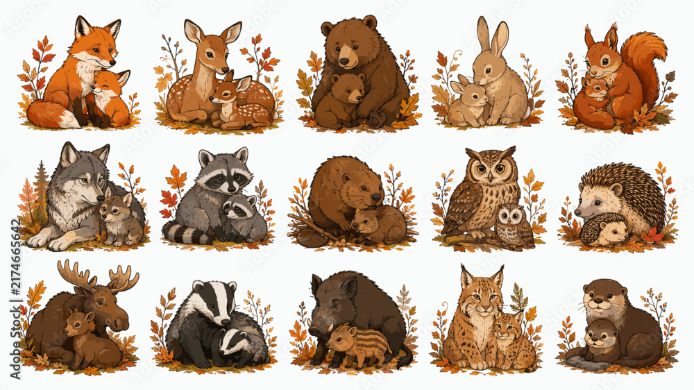 Fototapeta premium Set of vector illustrations of cute wild forest animals with their babies surrounded by autumn leaves in a cozy style