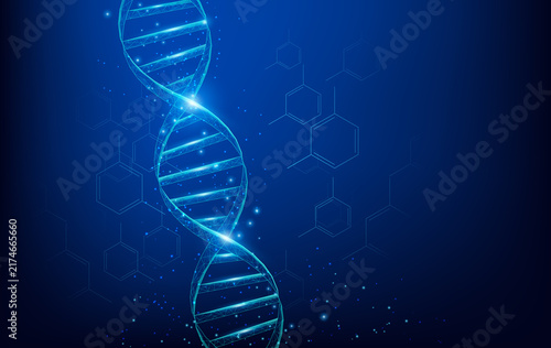 Photography Abstract glowing blue double helix DNA strand representing genetic code and mole
