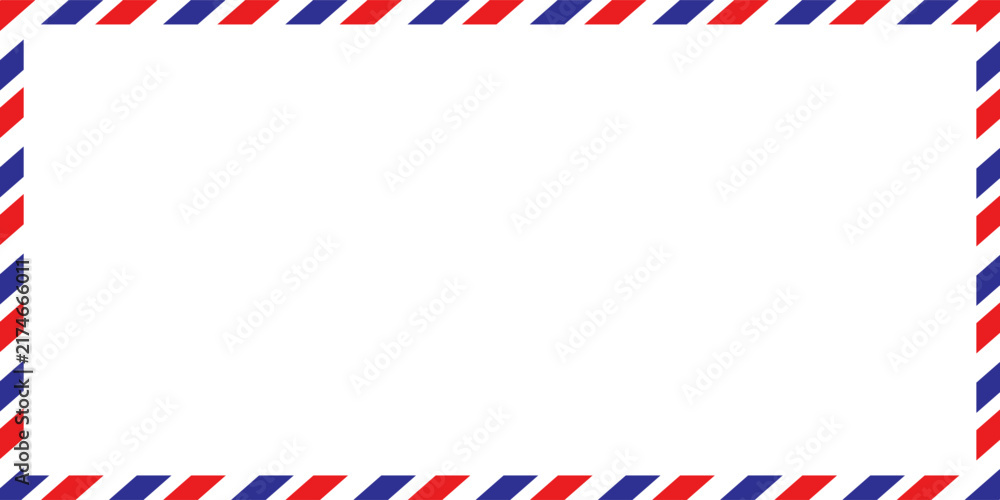 Fototapeta premium Airmail envelope frame with blue and red stripes on white background. International vintage letter border. Retro air mail postcard. Blank envelope.