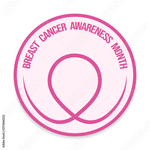 Breast Cancer Awareness Month label with pink ribbon. Flat vector illustration. Support, solidarity, campaign, survivor, female wellness, health, healthcare concept. Emblem, sign, symbol.