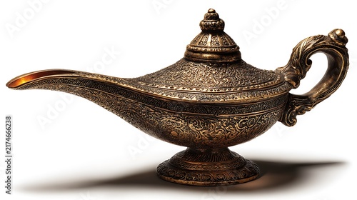 Antique genie lamp with ornate brass design isolated on white background
