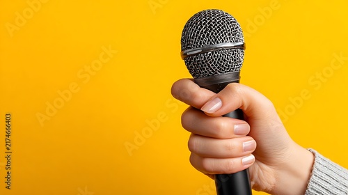 Hand holding black microphone on bright yellow background for media and communication