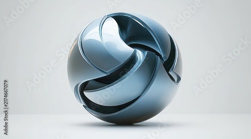 Glossy metallic abstract sphere with interlocking curved segments on a minimalist white background, evoking sleek futuristic calm and elegant mystery