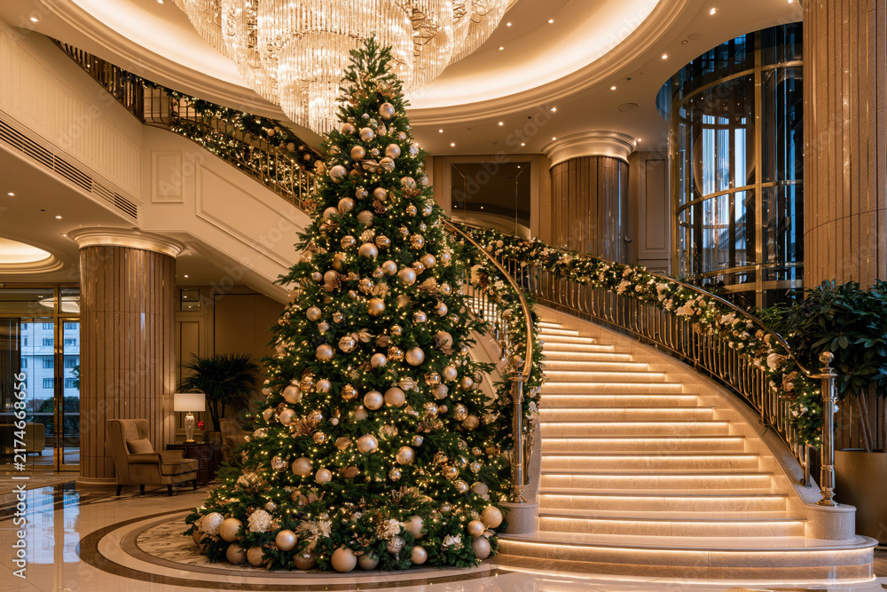Naklejka premium Christmas tree in hotel lobby with staircase