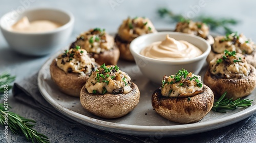 Stuffed baked mushrooms with cheese breadcrumbs and parsley appetizer on white plate