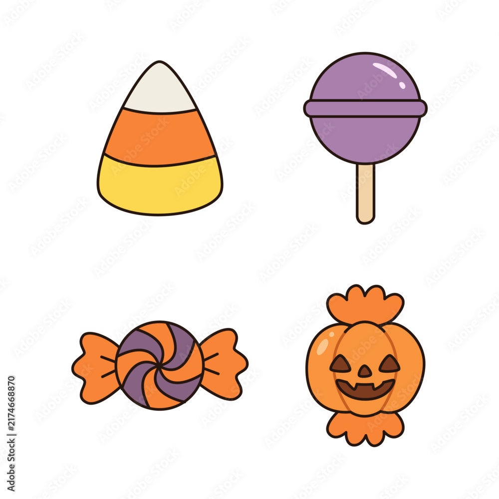 Fototapeta premium Halloween Candy Treats Set with Candy Corn Lollipop Wrapped Sweets Vector Isolated Illustration