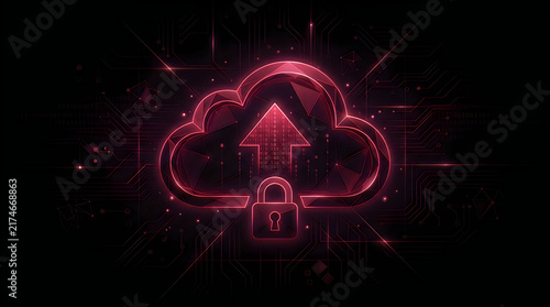 Obraz na płótnie Secure cloud upload icon with digital padlock and data transfer arrow on dark background