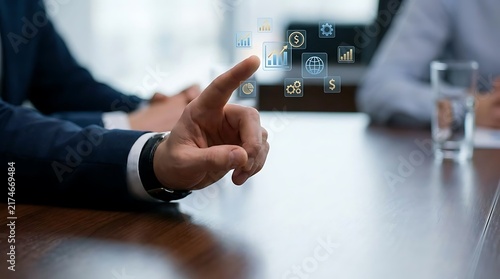 Close up of hand touching virtual holographic icons.