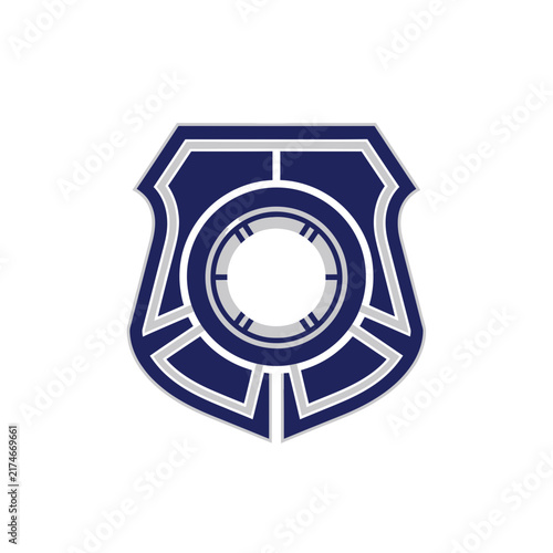 Minimalist law enforcement shield emblem with central circle with rendered bold navy silver tones against clean white background surrounded geometric radiating