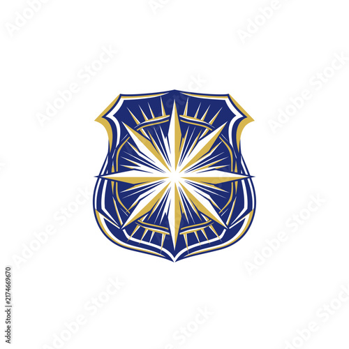 Elegant shield shape emblem with radiating starburst with showcases sophisticated shield geometric patterns contrasting evoking authority precision