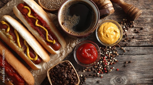 Classic hot dogs with mustard ketchup and black coffee on rustic wooden table
