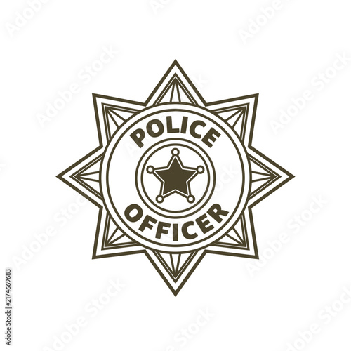 Vintage police officer badge emblem with star with all rendered high contrast black white line art bold text encircling detailed star symbol