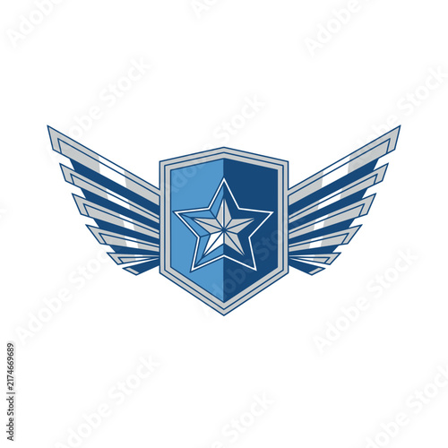 Dynamic stylized shield badge with flanked dynamic winged elements gradient blue white color scheme modern shield emblem centered geometric star