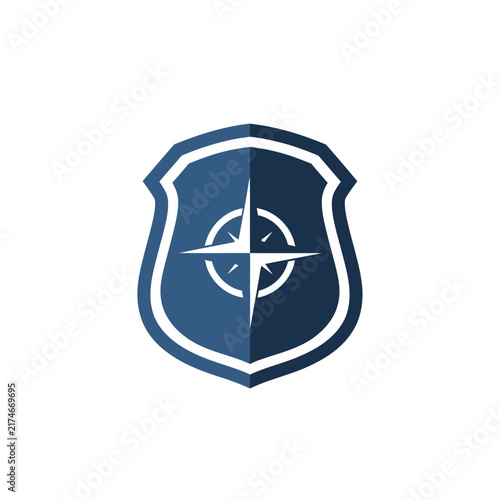 Modern shield emblem with centered compass abstract directional lines evoking precision guidance showcases sleek minimalist white tones centered
