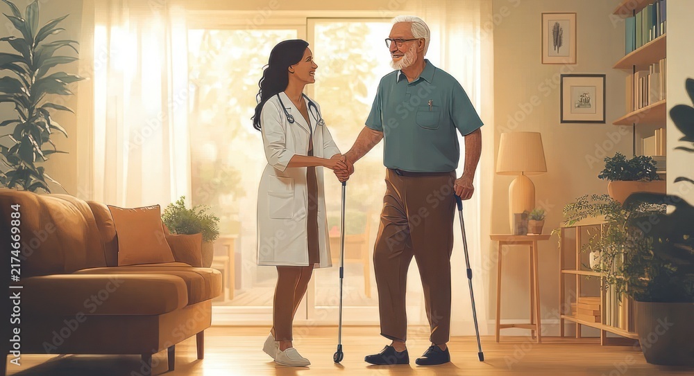 Fototapeta premium compassionate female healthcare worker in white coat with stethoscope supporting an elderly man with walking sticks in a sunlit cozy living room, warm caring moment