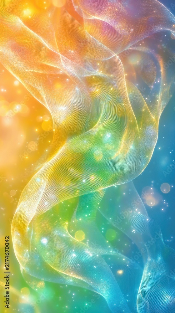 Obraz premium translucent flowing iridescent ribbons with sparkling particles and soft bokeh, dreamy luminous color gradient evoking wonder and serene calm