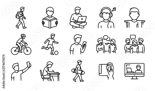 Teenager Youth Activities Editable Stroke Line Icon Collection