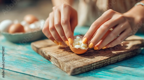 Hands preparing soft boiled egg on wooden board with cozy yellow knit sweater