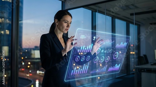 Executive female standing before futuristic night office hologram.
