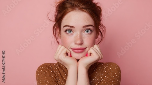 Elegant young woman portrait with auburn hair and sequined top on pink background