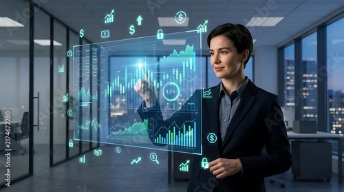 Executive woman analyzing virtual stock market charts in office