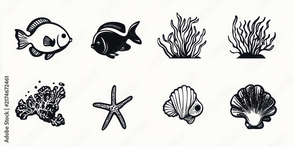 Obraz premium playful monochrome sea icon set showing two fish, two seaweed clusters, coral, a starfish and two seashells on a pale background