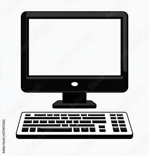 Minimal black desktop computer with blank white monitor, stand and keyboard on white background conveying a calm neutral workspace
