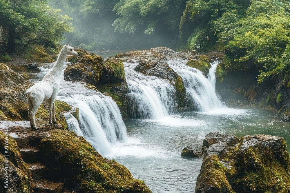 Naklejka premium white llama standing on moss-covered rocks beside a cascading waterfall in a misty green forest, gazing into the tranquil peaceful scene