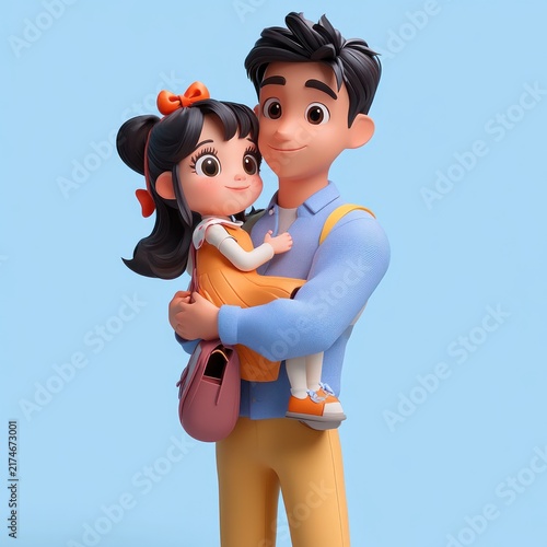 3d stylized father holding young daughter with pixelated faces, girl in orange dress with bow and pink bag, man in blue shirt and yellow pants against soft blue background, warm affectionate embrace