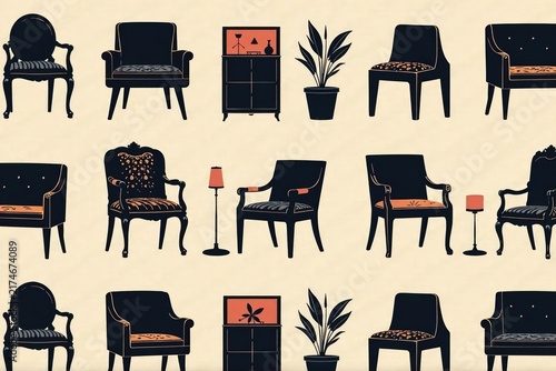 Repetitive motif of stylized furniture silhouettes in monochrome for a chic, minimalist design , interior, seamless, bedroom