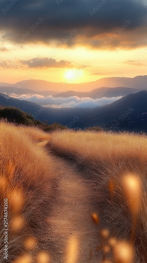 Obraz premium golden grassy path winding through hills toward a glowing sun over mist-filled valleys and layered mountains, peaceful and serene