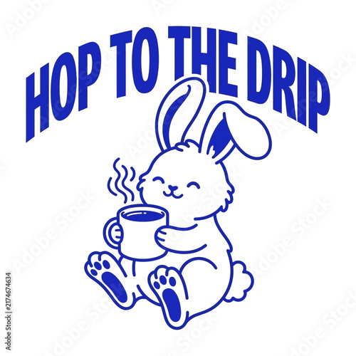 Cute vintage bunny rabbit holding steaming coffee cup illustration.