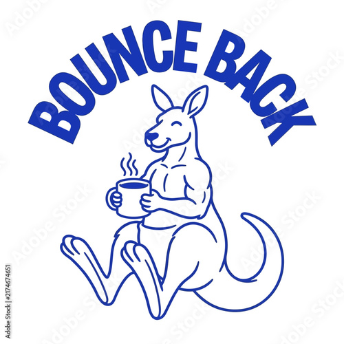 Kangaroo holding steaming coffee mug with bounce back text.